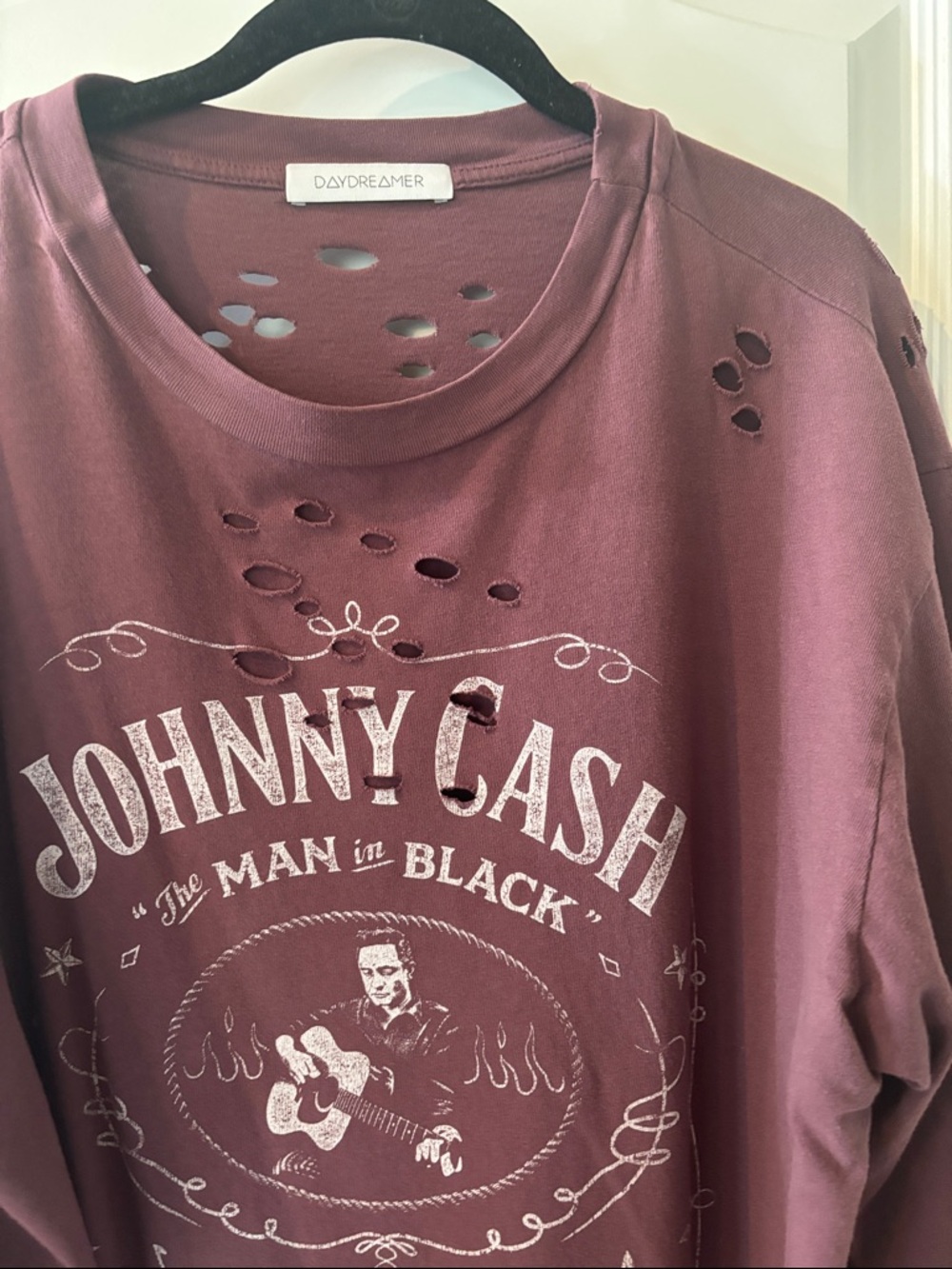 Daydreamer Johnny Cash Distressed Crew Neck Tee - Plum - Picture 3 of 6